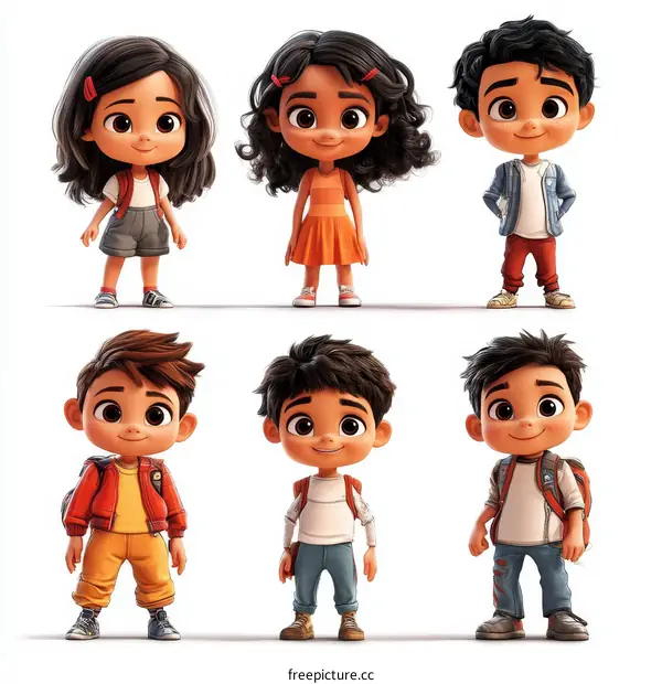 Cute Children Cartoon Characters Set