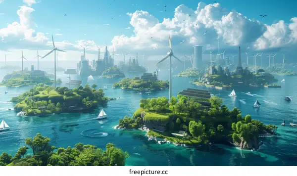Sustainable Island Cityscape with Renewable Energy