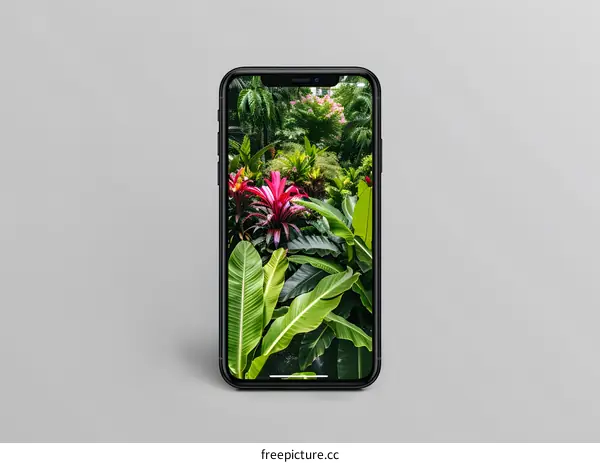 Black Smartphone with Tropical Garden Wallpaper
