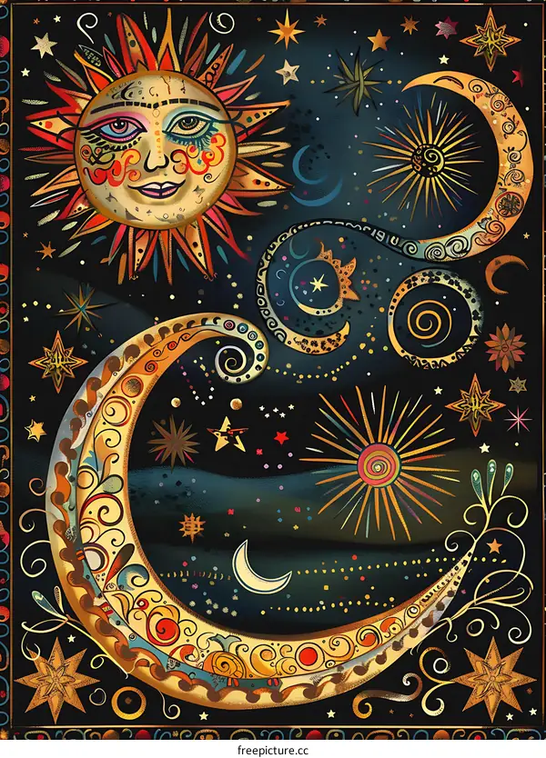 Abstract Night Sky with Stars, Sun, and Moon