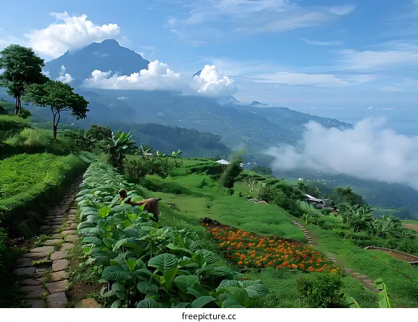 Mountain View with Clouds and Greenery