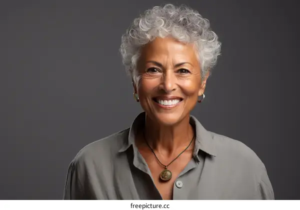 portrait of a smiling elderly woman with grey hair