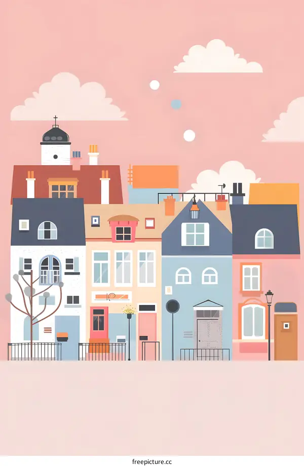 Cute Pastel Colored Row of Houses Illustration