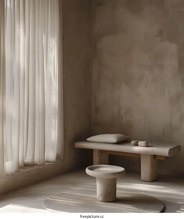 Minimalist Interior Design with Concrete Bench and Stool