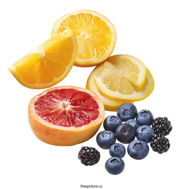 [Transparent Background PNG]Fresh Sliced Citrus Fruits and Berries on White Background