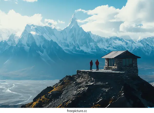 Two Hikers Standing on a Mountaintop Overlooking a Valley with Snow Covered Mountains