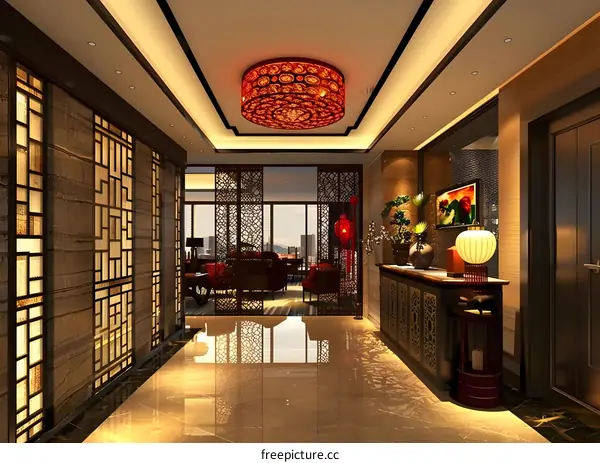 Interior Design of a Chinese Style Foyer with Red Ceiling Light