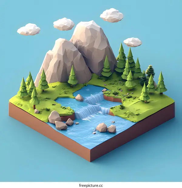 Low Poly Mountain Landscape with River and Waterfall