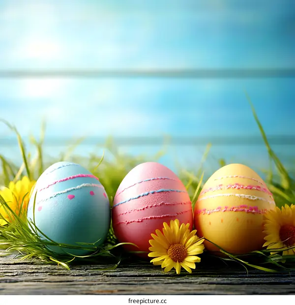 Easter Eggs in Grass and Flowers