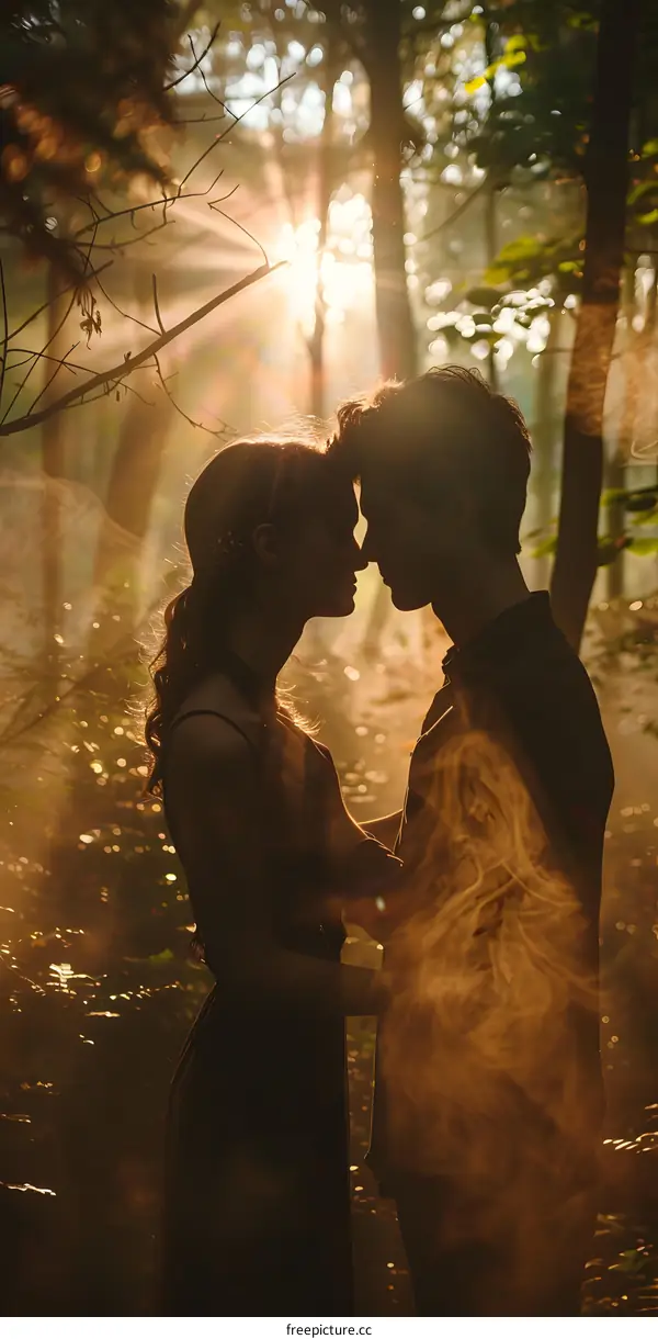 Couple Silhouettes Kissing In Forest