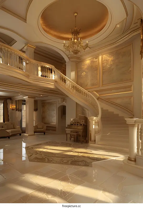 Luxury Interior Design With Golden Staircase and Chandelier