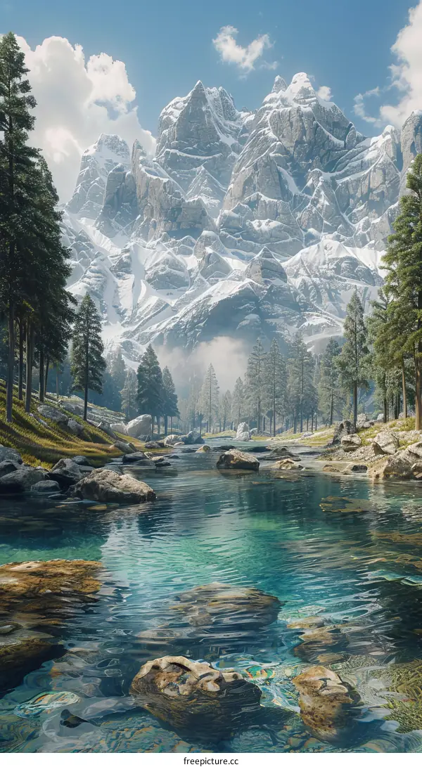 A Rocky River Flows Through a Valley with a Mountain in the Distance