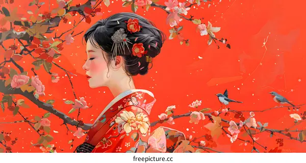 Japanese Woman in Kimono with Cherry Blossoms and Birds