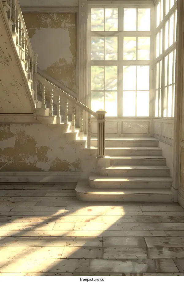 Vintage Wooden Staircase With Sun Rays Through Window In Empty Room