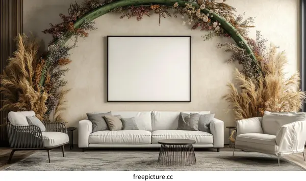 Modern Boho Living Room Mockup with Empty Frame