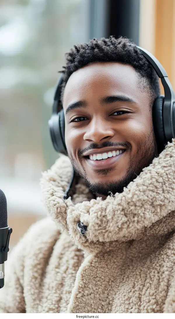 Smiling Black Man Wearing Headphones and a Cozy Jacket