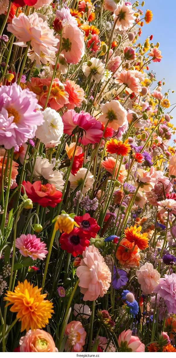 Colorful Flower Wall with Sunlit Blossoms