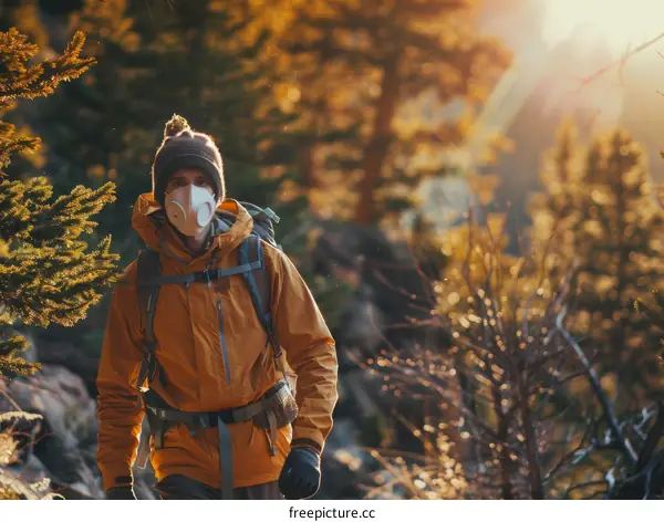 Man wearing a mask hiking in the mountains
