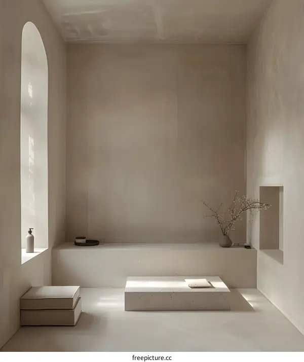 Minimalist Interior Design With Arched Window And Concrete Bench