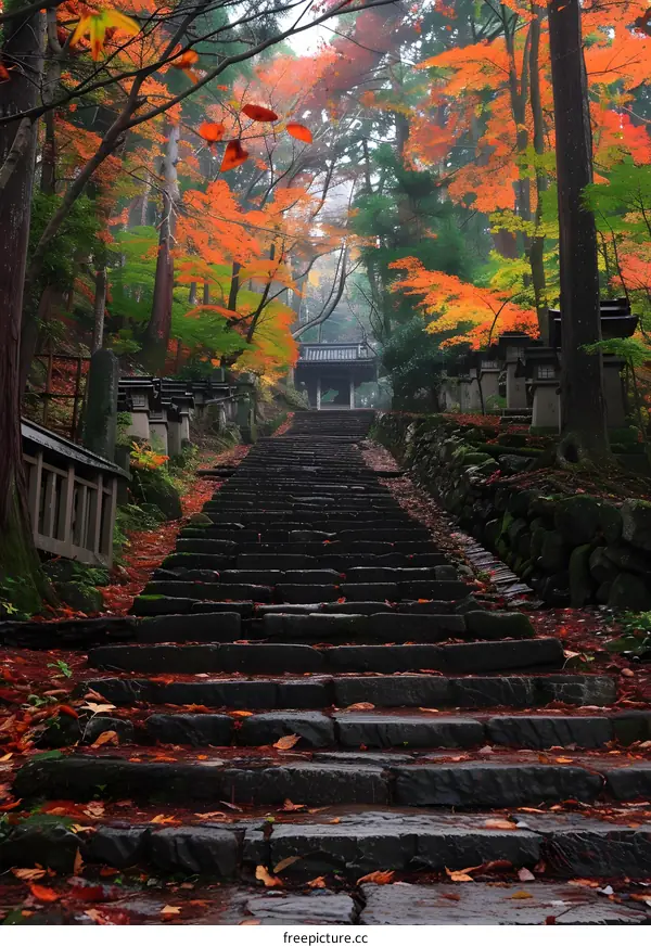 Stone Steps Leading Up to a Shrine in the Autumn Forest