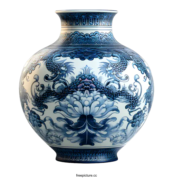 [Transparent Background PNG]Blue and White Chinese Porcelain Vase with Dragon and Flower Design