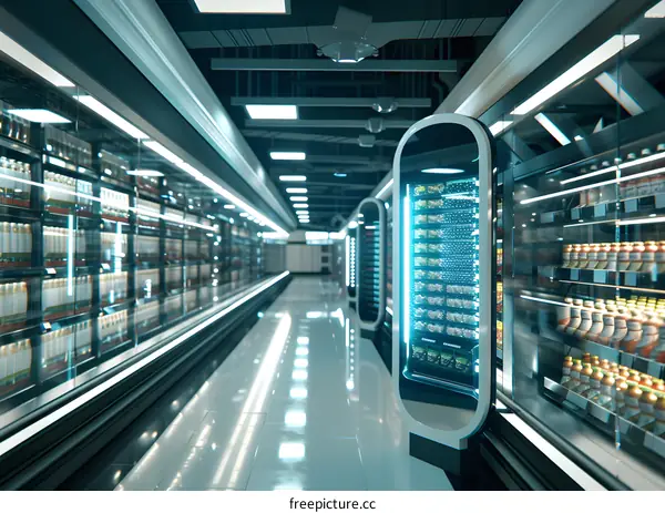 Futuristic Grocery Store Interior with Bright Lights and Modern Shelving