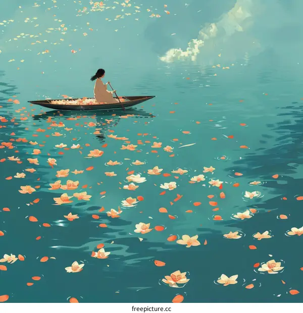 A girl rowing a boat in a lake with lotuses
