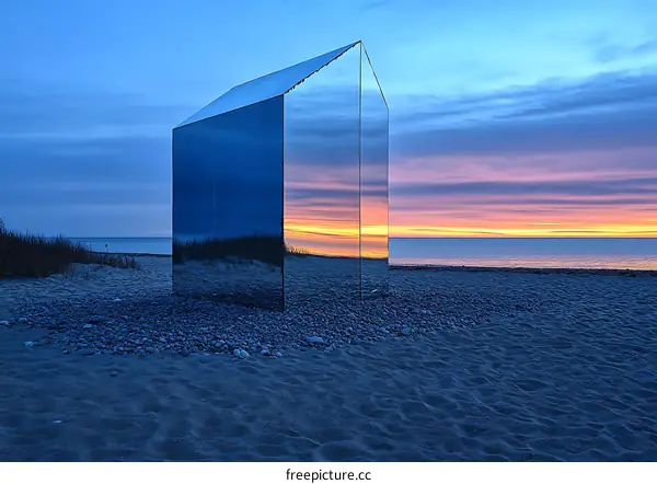 Mirrored House Reflecting Sunset Over the Beach