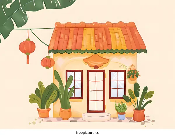 Cute Cartoon Illustration of a Small Yellow House with Red Roof and Green Plants