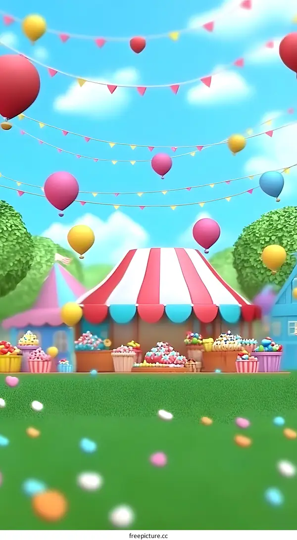 Colorful Carnival with Striped Tent and Balloons