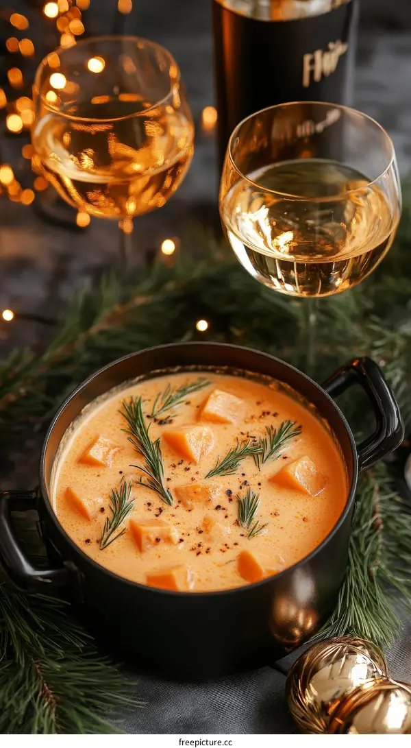 Delicious Pumpkin Soup with Wine and Christmas Decorations