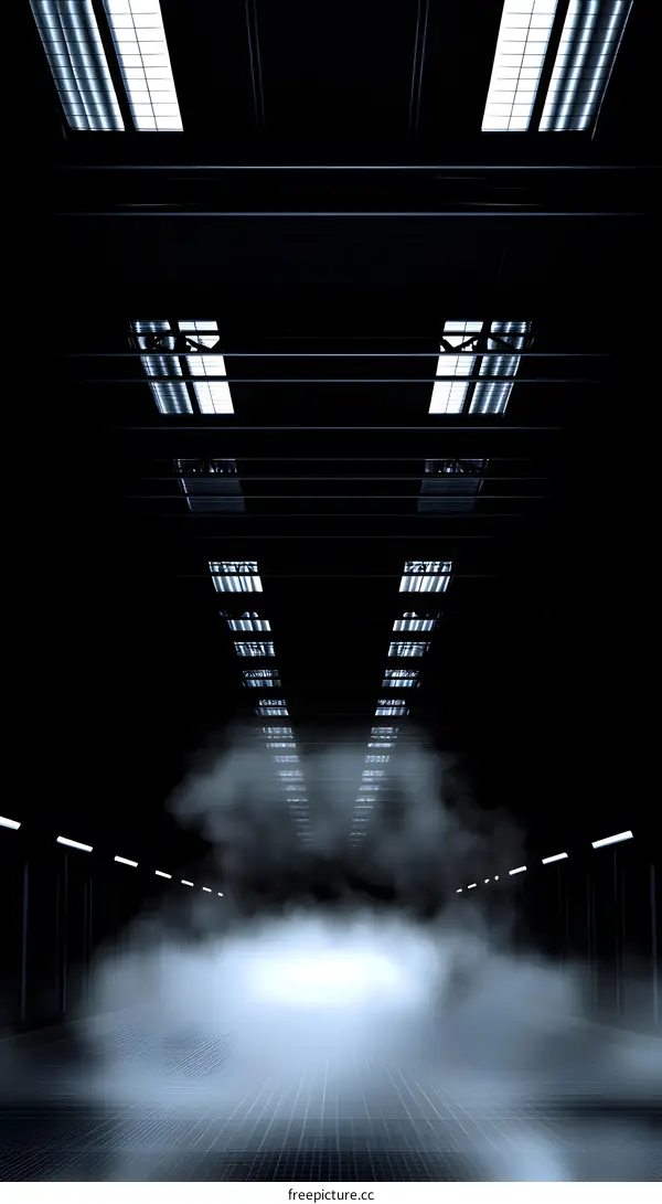 Dark Industrial Corridor With Fog And Lights