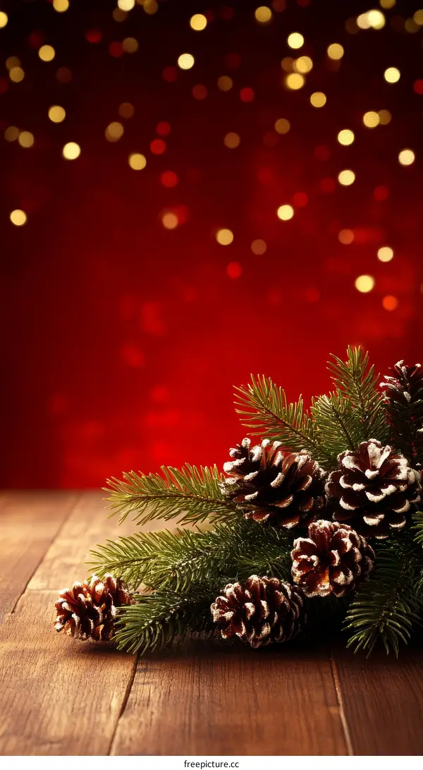 Christmas Decorations on Wooden Table with Red Background