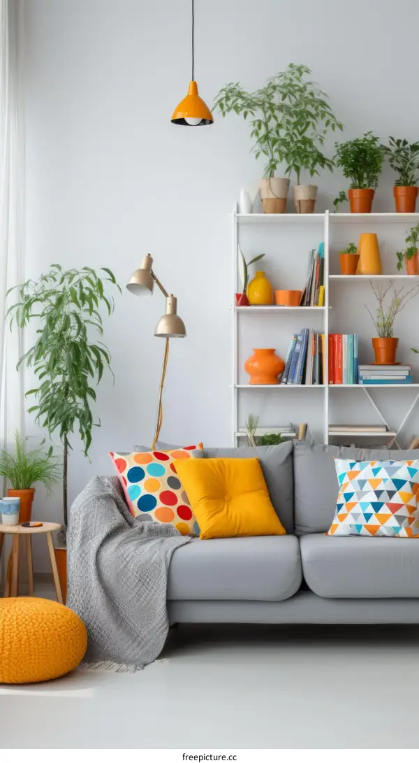 A cozy living room with a gray couch, colorful pillows, and a white bookshelf