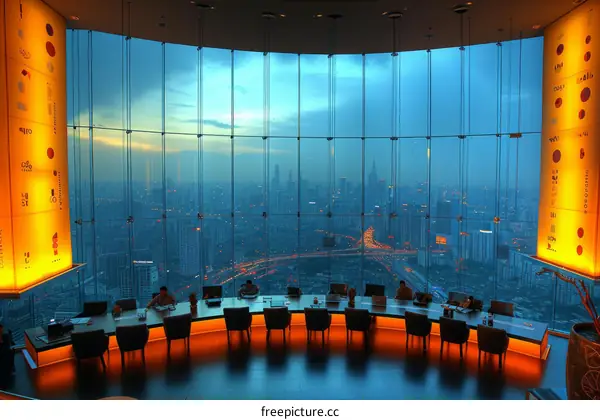 People working in a modern office with a city view