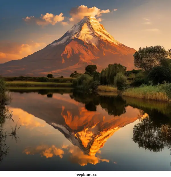 The setting sun casts a golden glow on the snow-capped mountain and its reflection in the lake below
