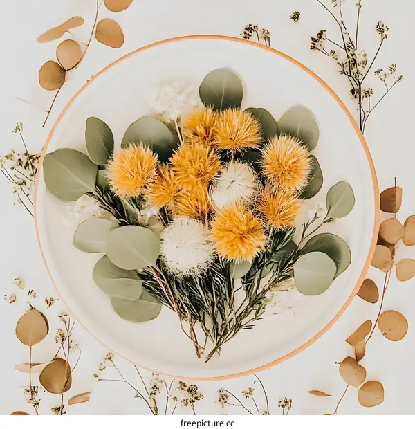 Dried Flowers in White Plate with Eucalyptus Leaves