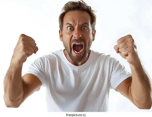 Angry Man Shouting With Fists Raised