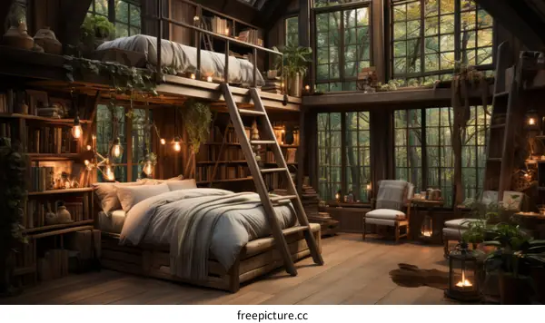 A cozy cabin in the woods with a bedroom and living area