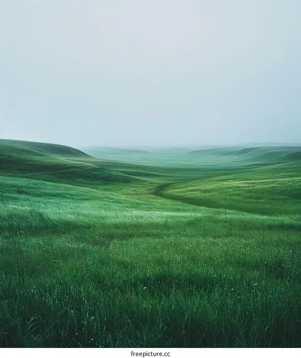 Green rolling hills under a grey sky