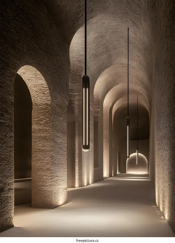Modern Architecture Arched Corridor With Hanging Light Fixtures