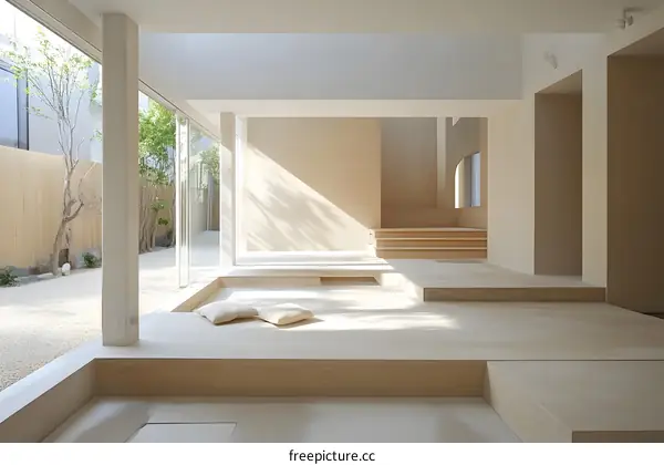 Minimalist Interior Design with Wooden Platforms and Natural Light