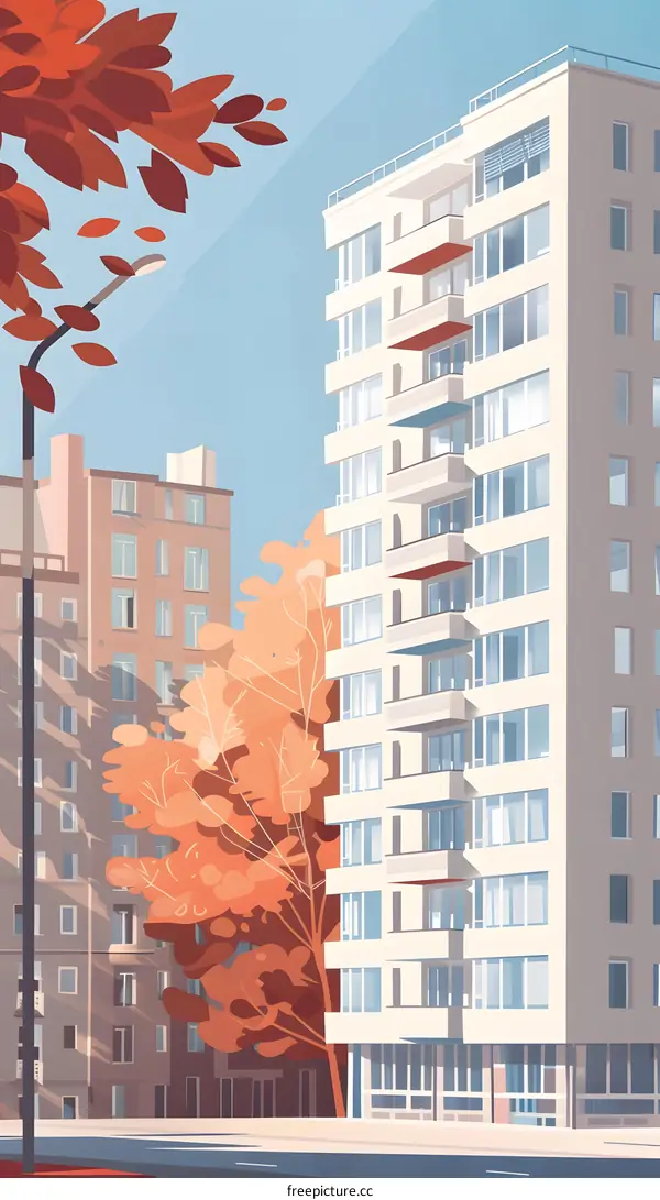 Autumn Day Cityscape Illustration with Tall Building