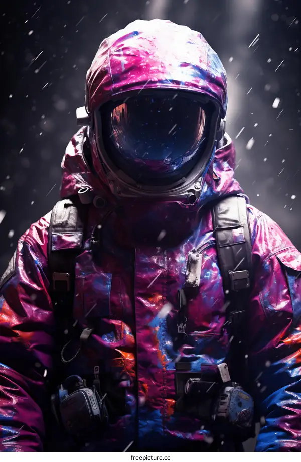 An Astronaut in a Colorful Spacesuit Explores a Snowy Forest