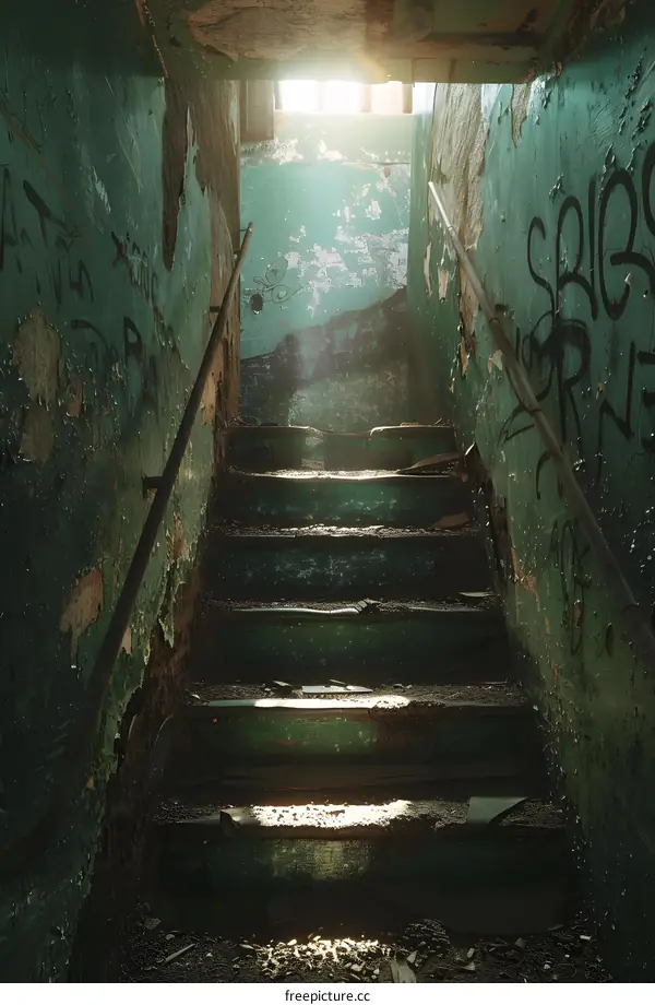 Abandoned Building Staircase with Sunbeams