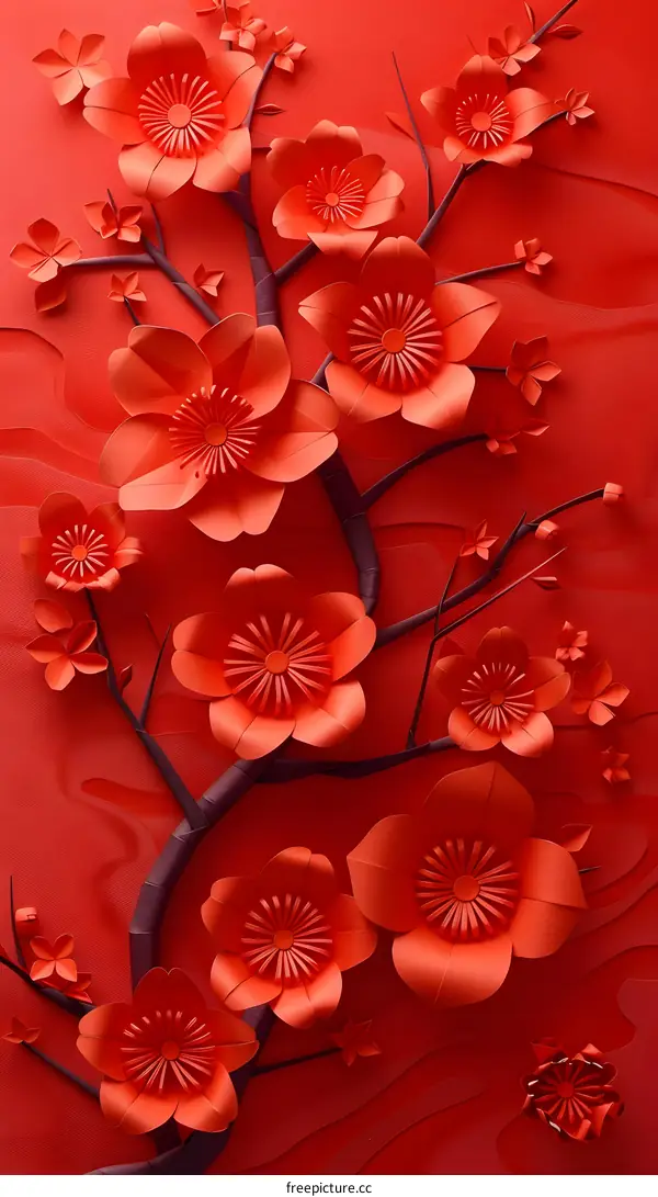 red paper cut flowers on red background