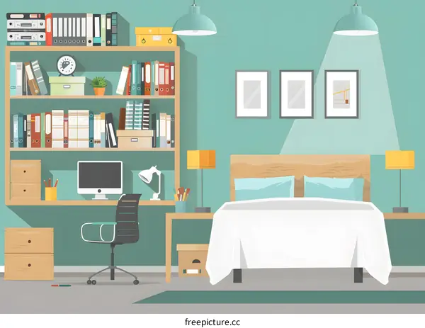 Modern Interior Design Bedroom with Desk and Bookcase