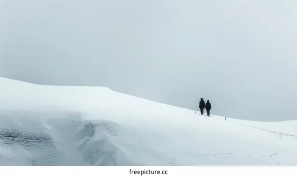 Two Hikers on a Snowy Mountain Field