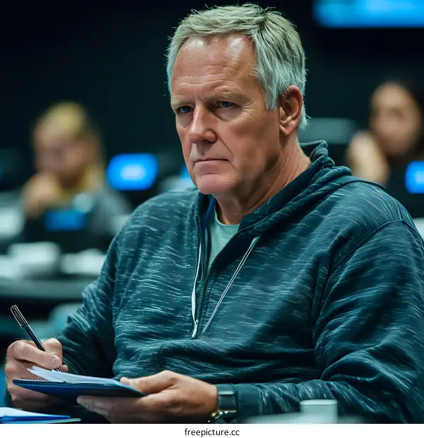 Man Writing Notes in Meeting, Business Conference, Focused Attendee