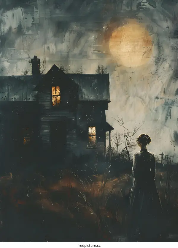 A girl standing alone in a field of wheat at night, with a large moon in the background